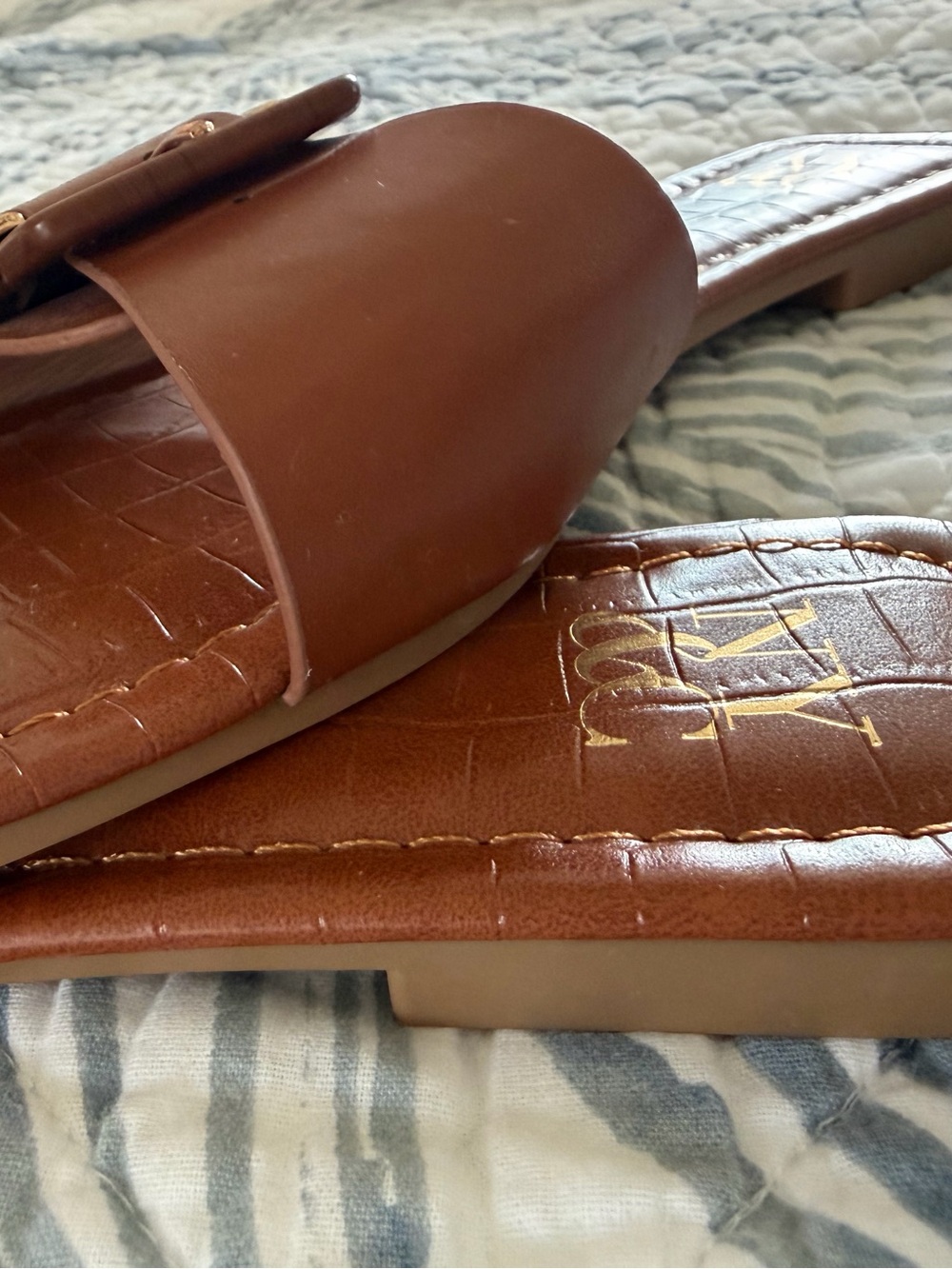 New York & Company Cognac Brown Buckle Square Toe Slide Sandals Size 7 - Picture 4 of 7